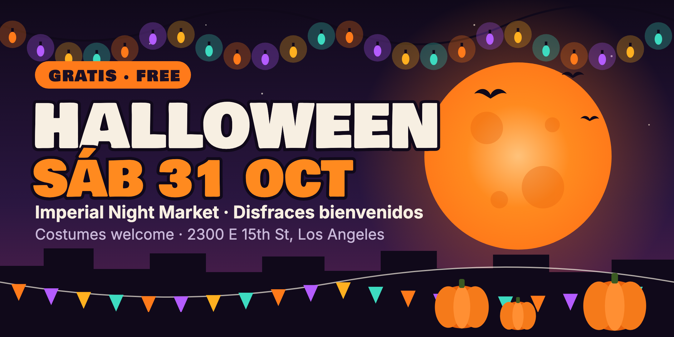 Halloween en Imperial Night Market: sábado 31 de octubre, gratis, disfraces bienvenidos, 2300 E 15th St. Luna naranja, luces y banderines.
